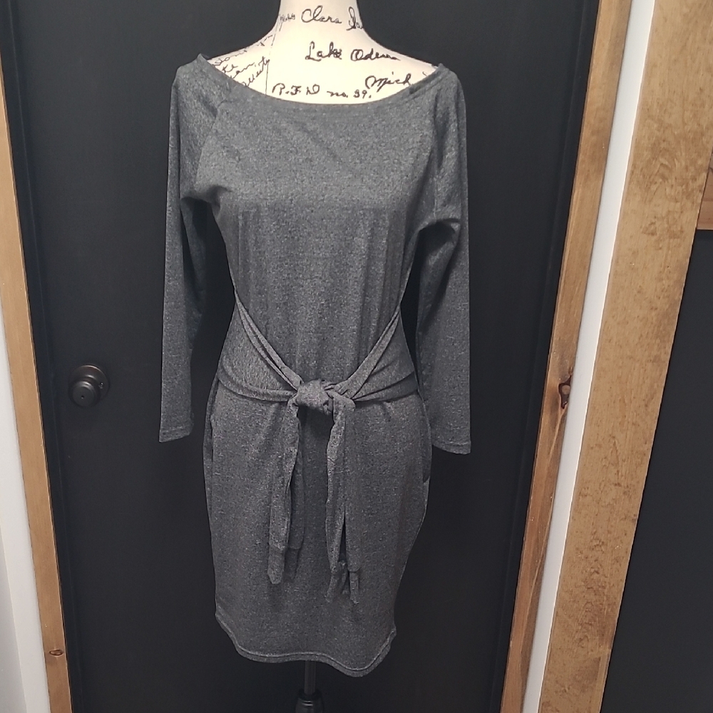Gray 3/4 Length Sleeve Body Con Tie-Waist Shift Dress